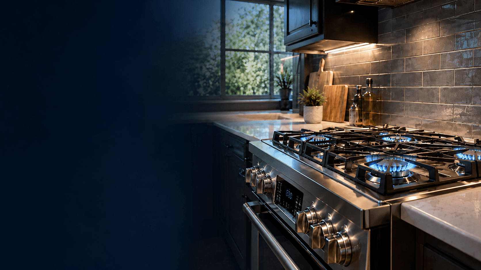 Stainless steel gas range with lit blue burners in a modern San Mateo kitchen